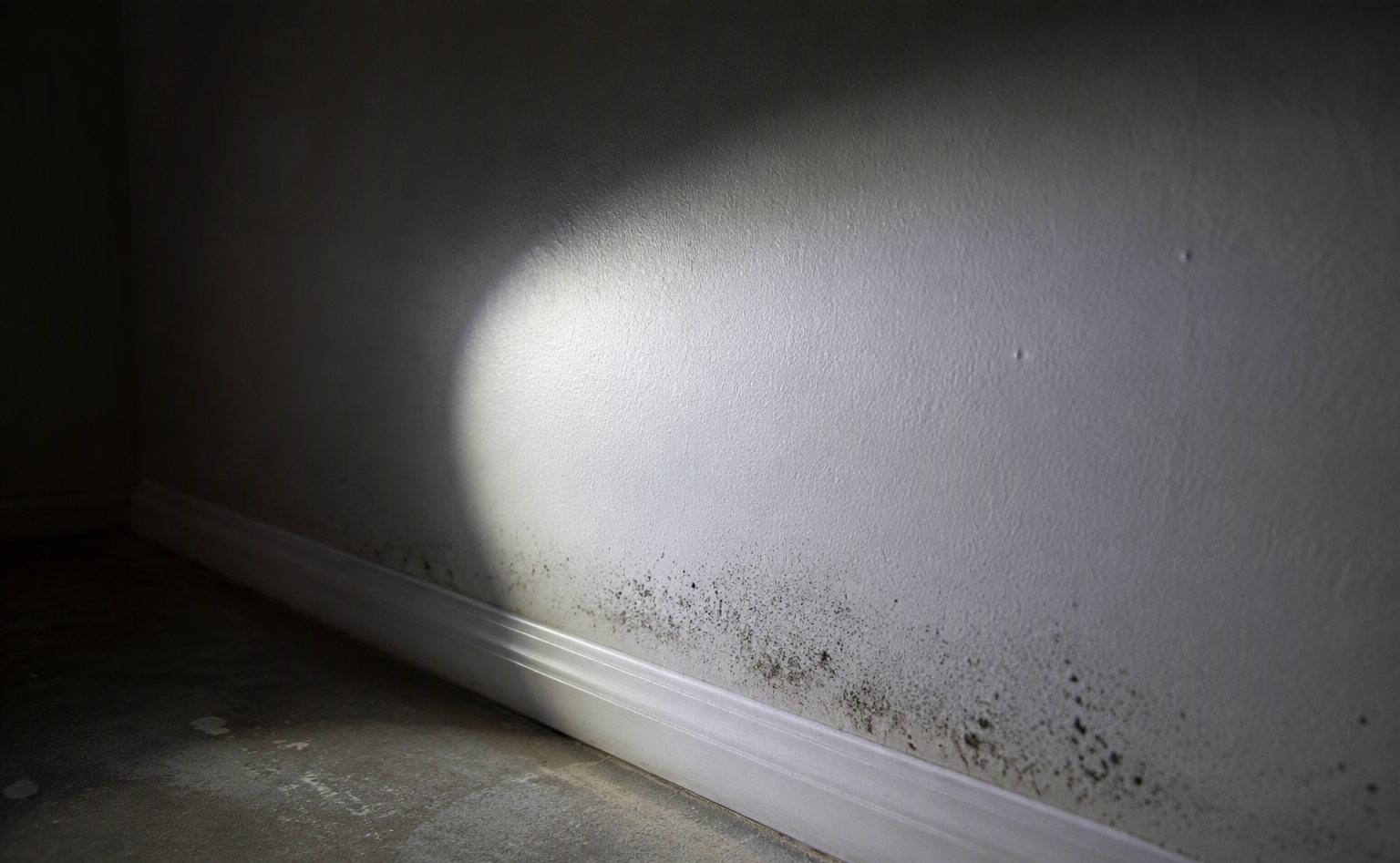 Mold spotting along a basement baseboard after water damage