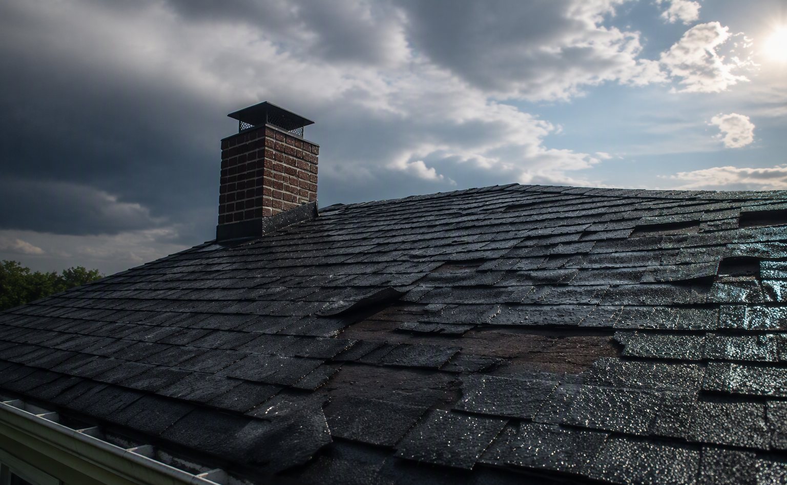 Wind-lifted shingles on a York roofline after a storm