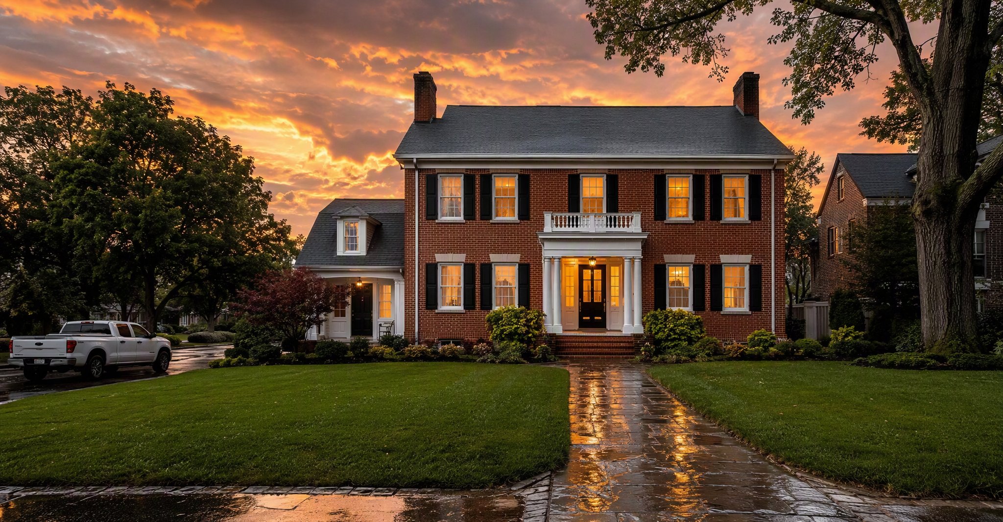 Golden-hour light on a restored York brick colonial after heavy rain
